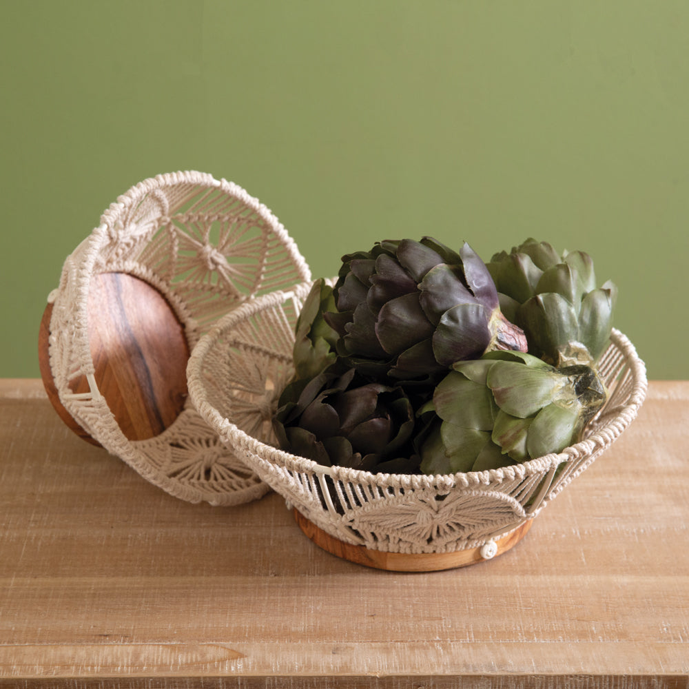 Set of Two Wood and Macrame Bowls - Bombay Mercantile