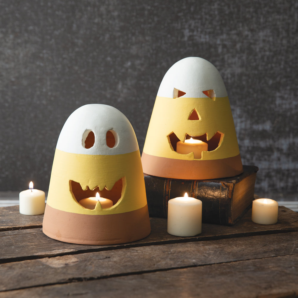 Set of Two Terra Cotta Candy Corn Luminaries - Bombay Mercantile