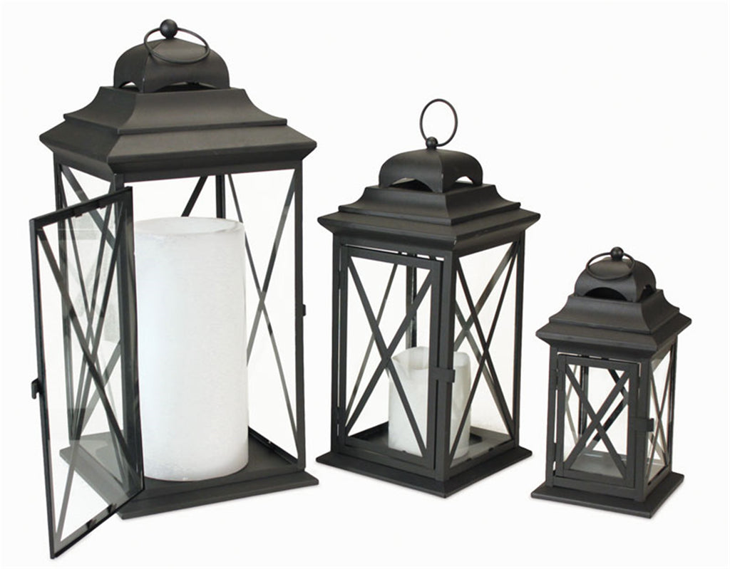 Set of 3, Iron/glass Black Lantern - Bombay Mercantile