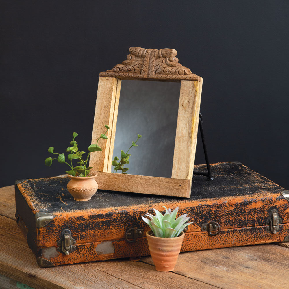 Handcarved Wooden Freestanding Mirror - Bombay Mercantile