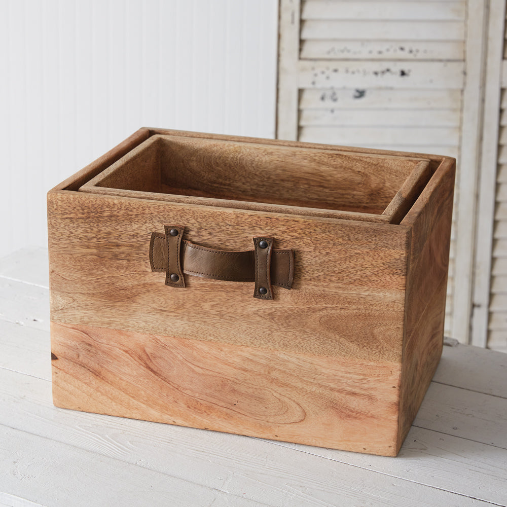 Set of Two Leather Handled Wood Boxes - Bombay Mercantile