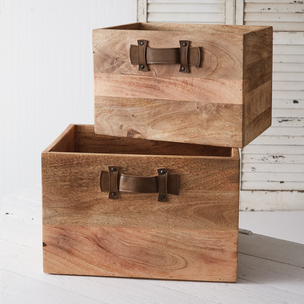 Set of Two Leather Handled Wood Boxes - Bombay Mercantile