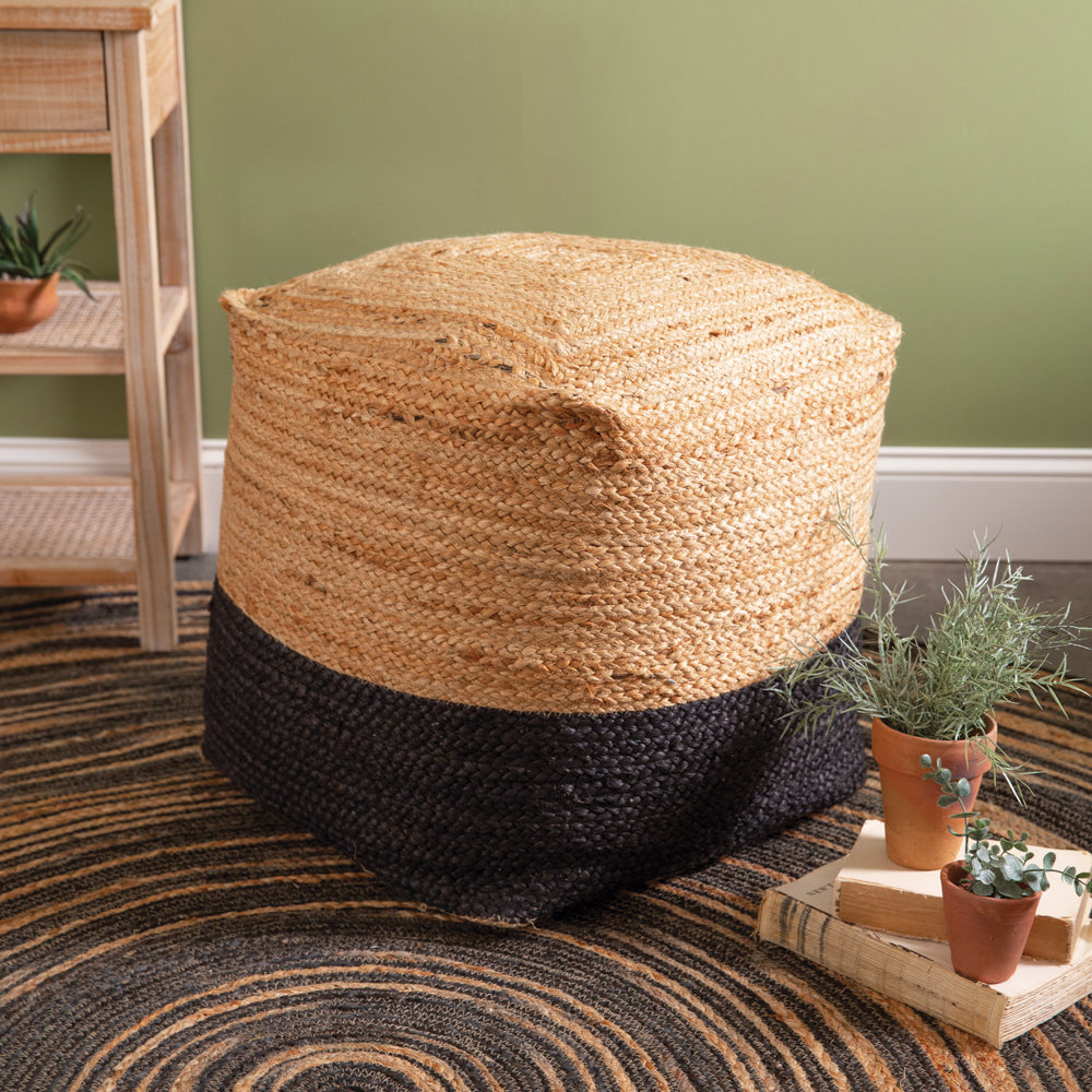 Natural and Black Jute Floor Pouf - Bombay Mercantile