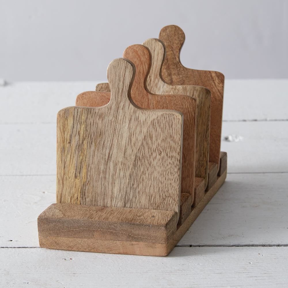Set of Cutting Board Coasters with Display Caddy - Bombay Mercantile