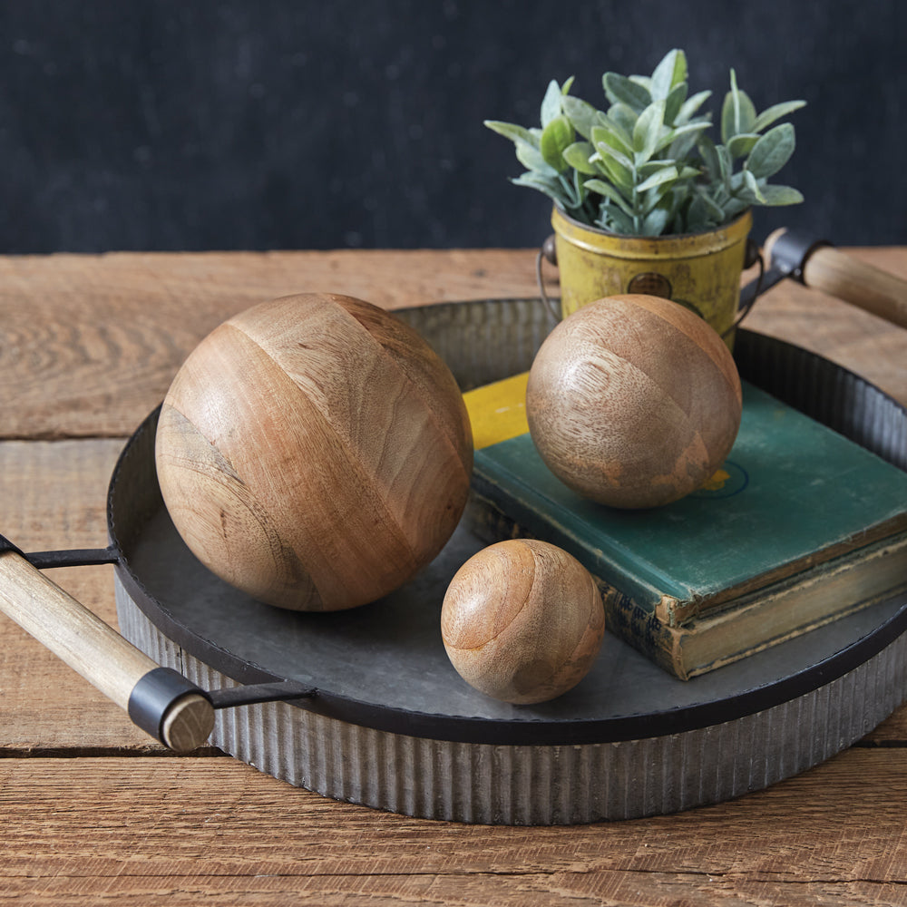 Set of Three Carved Wood Balls - Bombay Mercantile