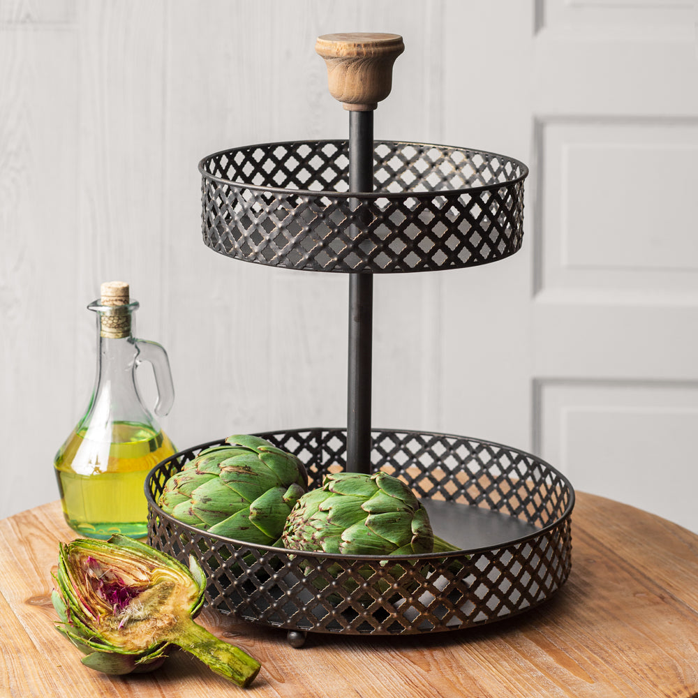 Two-Tier Black Perforated Stand - Bombay Mercantile