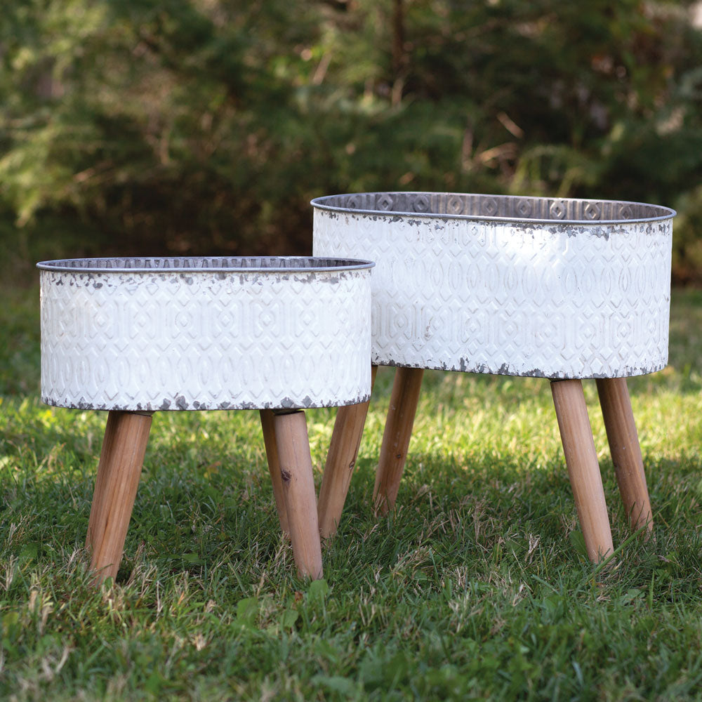 Set of Two Embossed Metal Planters with Wood Legs - Bombay Mercantile