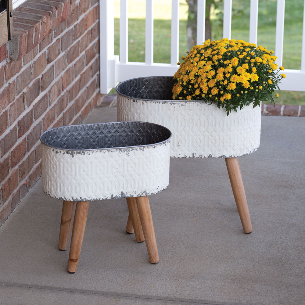 Set of Two Embossed Metal Planters with Wood Legs - Bombay Mercantile