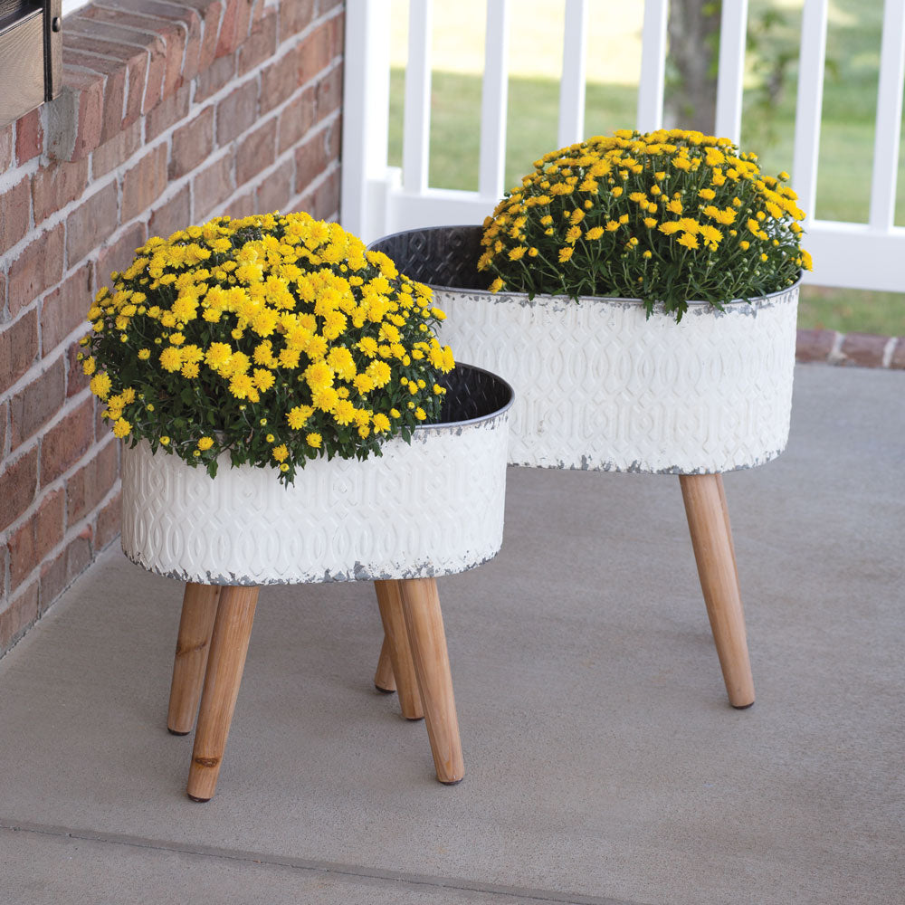 Set of Two Embossed Metal Planters with Wood Legs - Bombay Mercantile