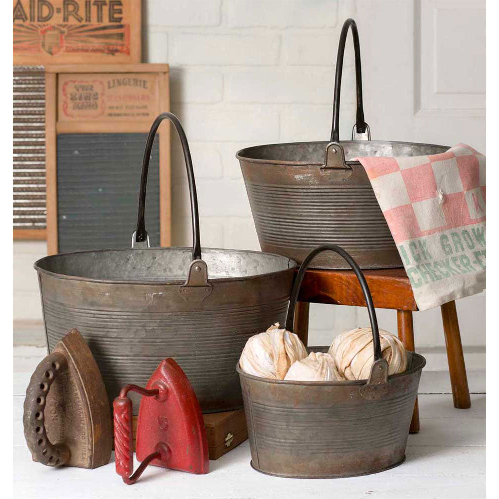 Set of Three Round Buckets with Handles - Bombay Mercantile