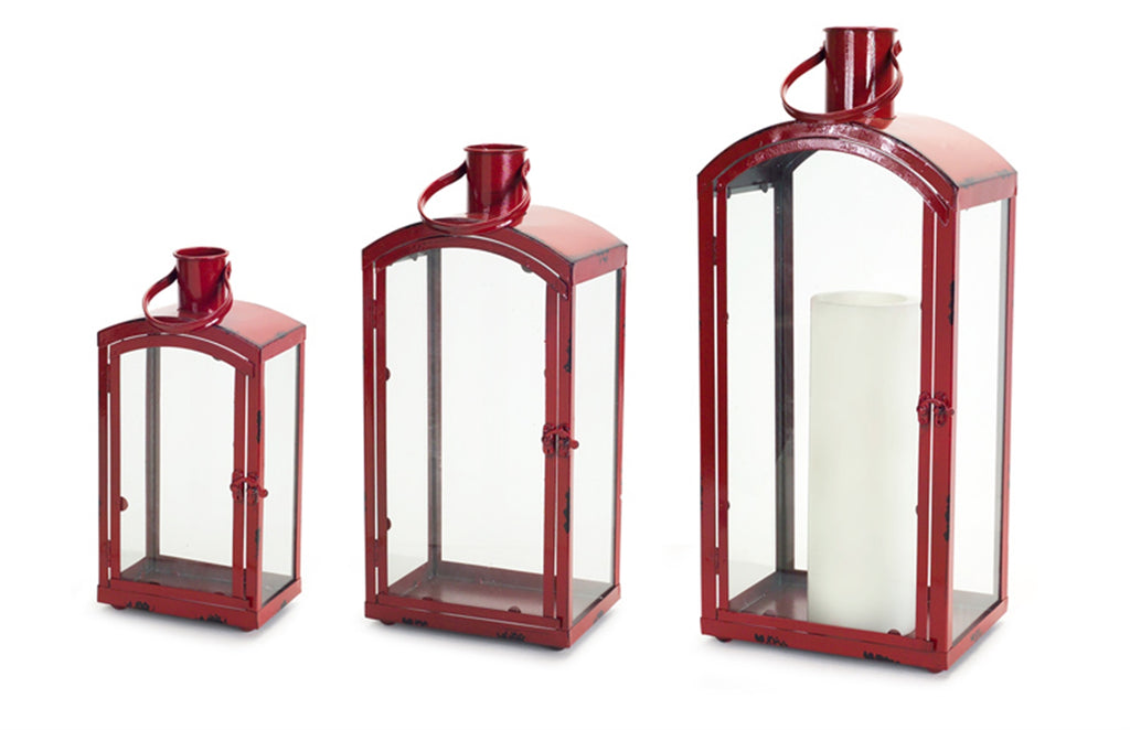 Set of 3, Red Metal Dome Lantern - Bombay Mercantile