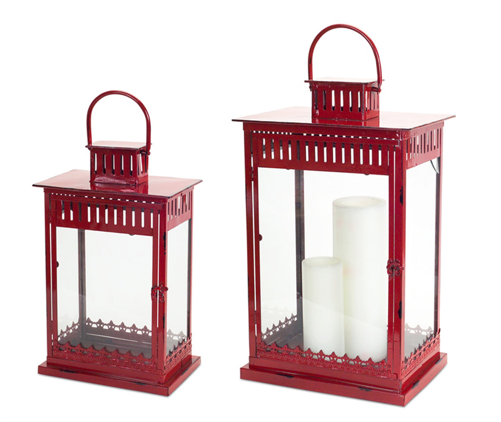 Set of 2, Red Metal rectangular Lantern - Bombay Mercantile