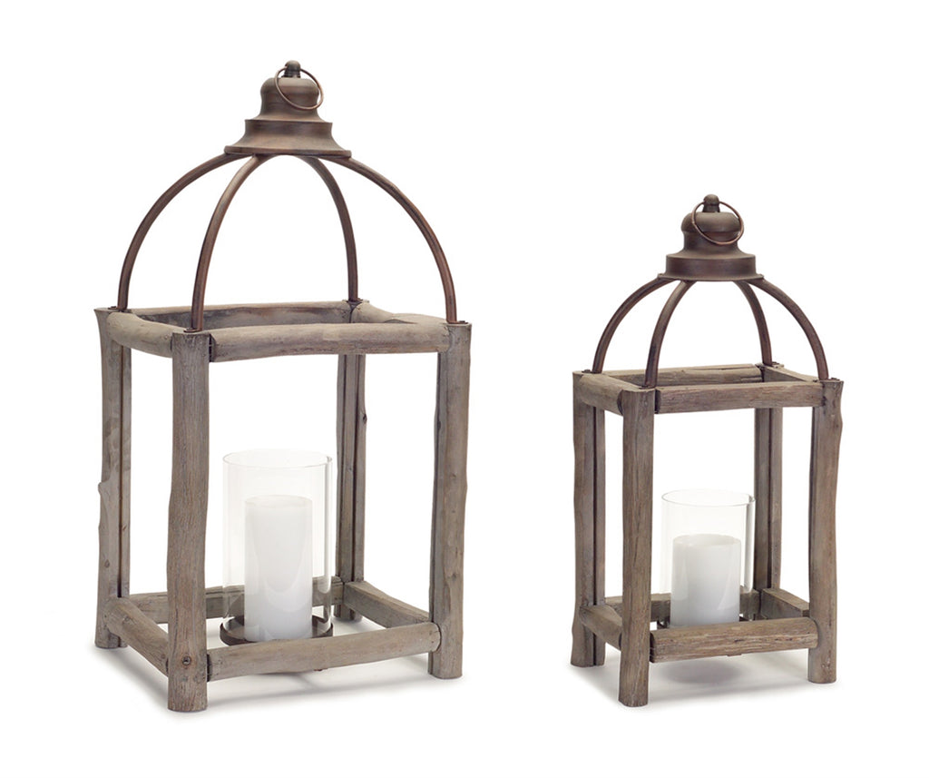 Set of 2, Open Metal Lid Lantern With wooden body - Bombay Mercantile