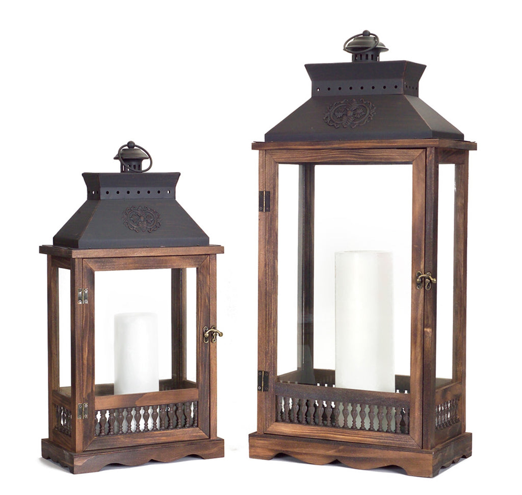 Black metal and Brown Wooden Lantern, Set of 2 - Bombay Mercantile