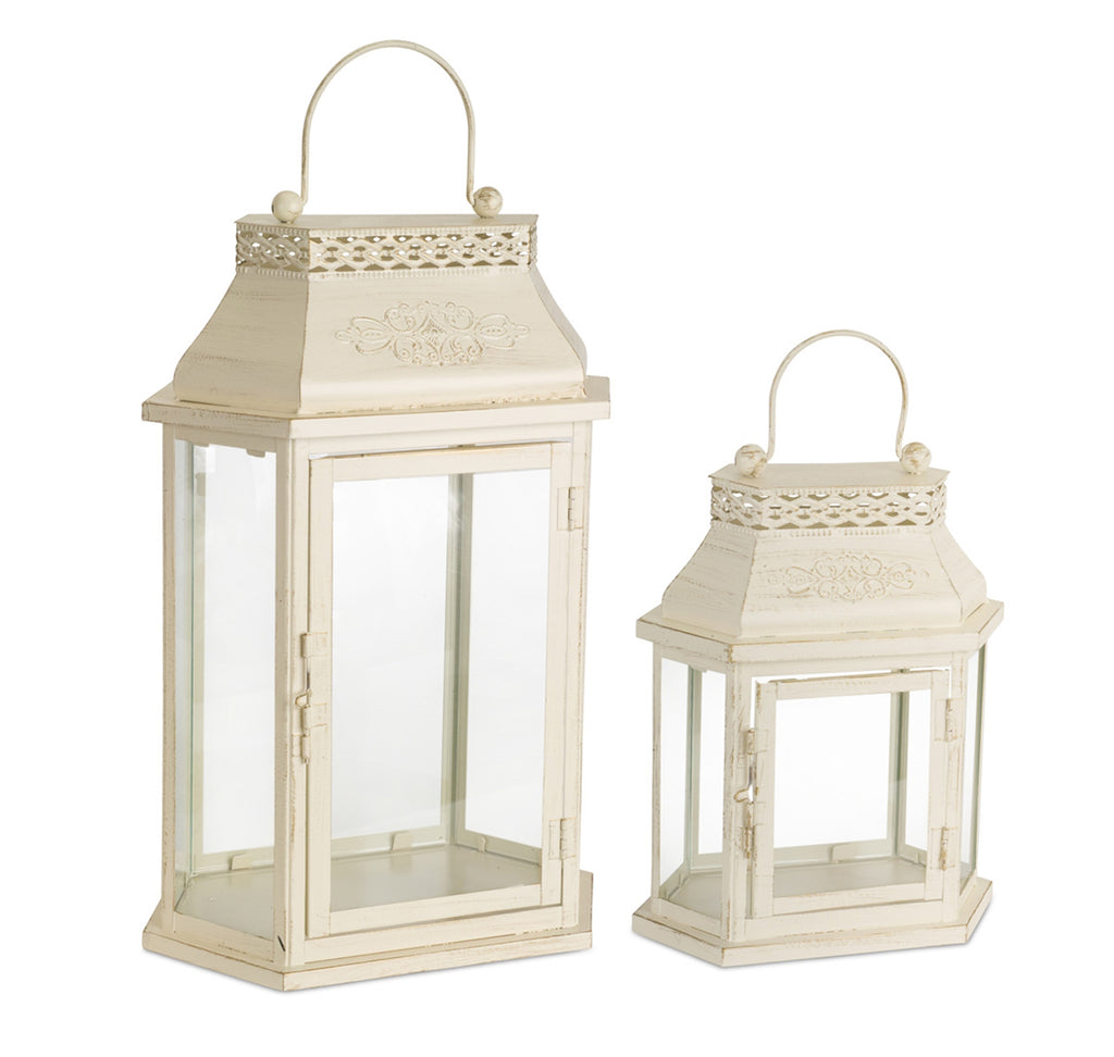 Set of 2, Ivory Metal Lantern - Bombay Mercantile