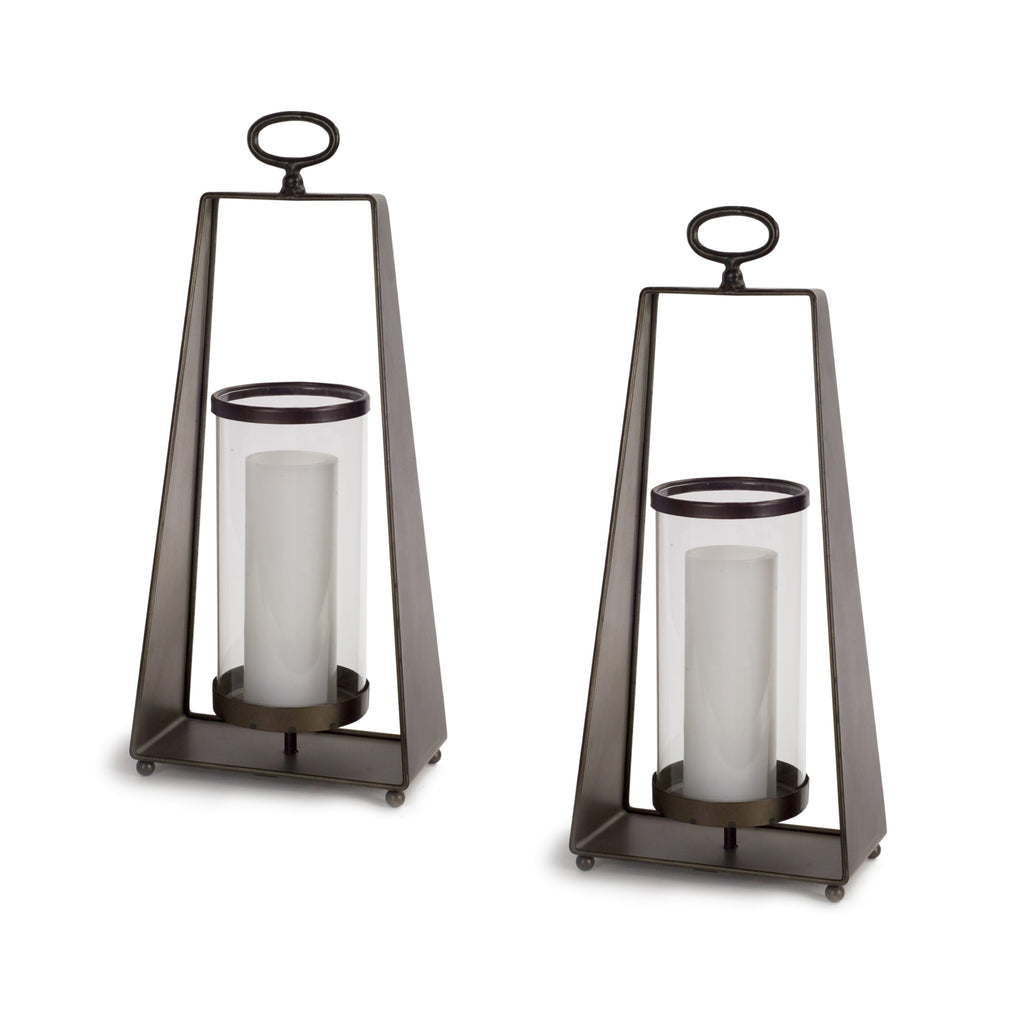 Set of 2, Grey Metal glass candle holder - Bombay Mercantile