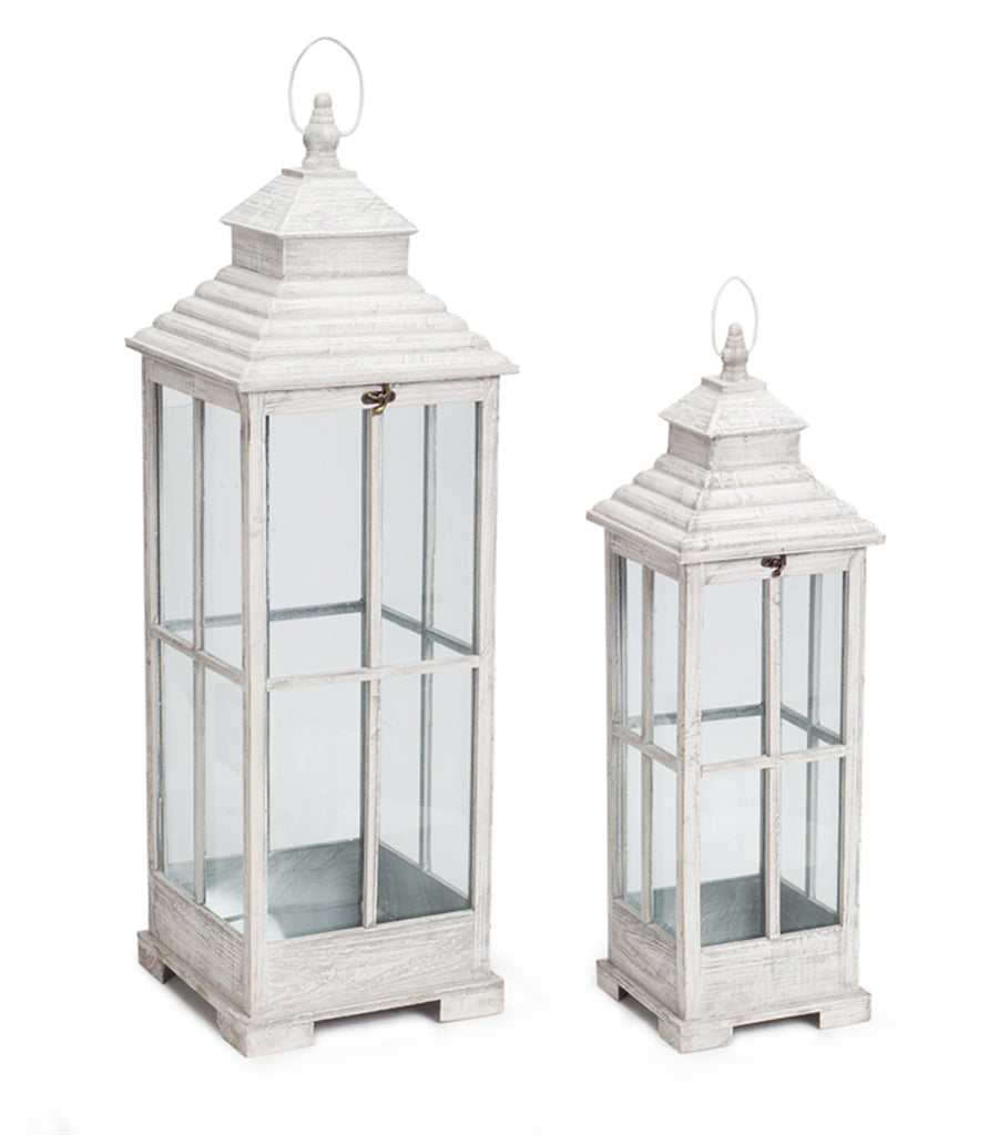Set of 2, White Wooden Lantern - Bombay Mercantile