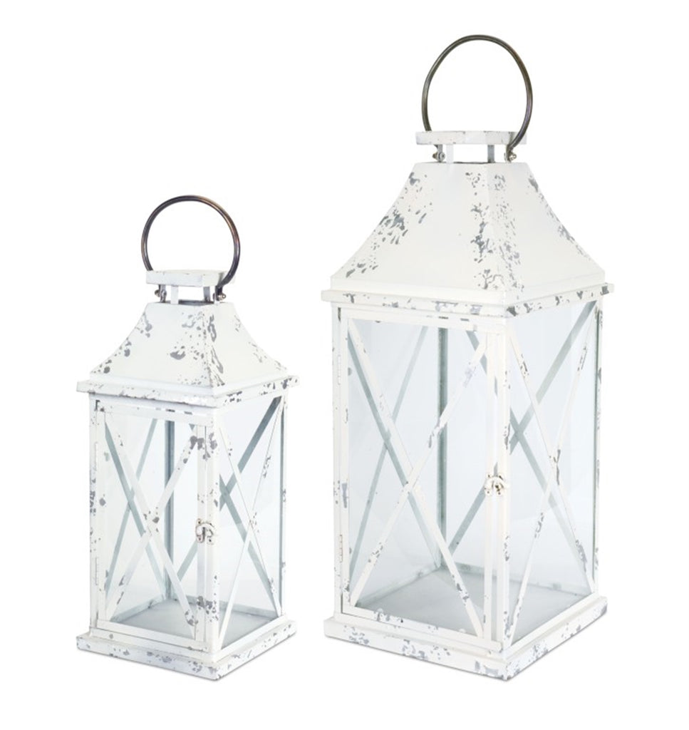 Set of 2, Distressed White Lantern - Bombay Mercantile
