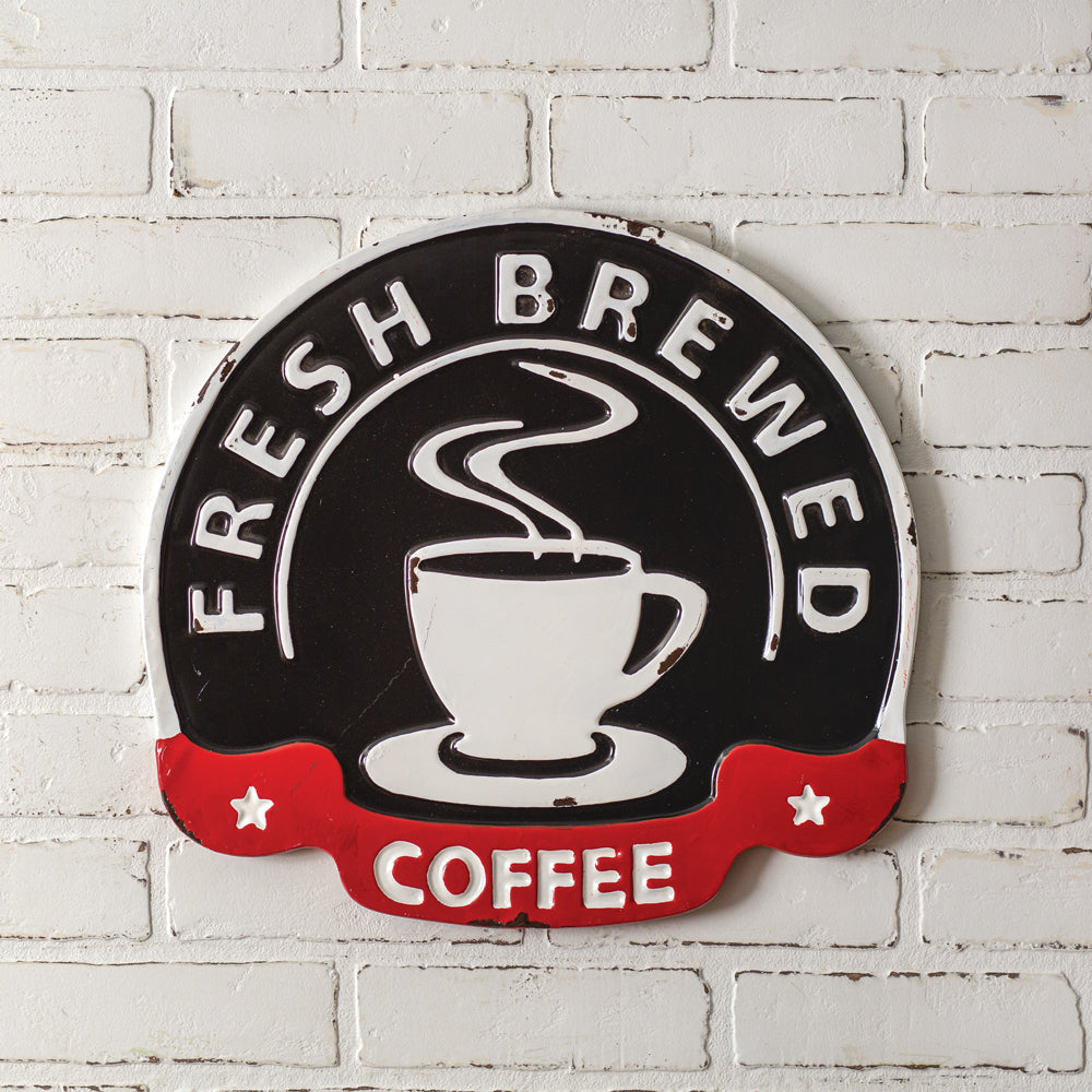Fresh Brewed Coffee Metal Wall Sign - Bombay Mercantile