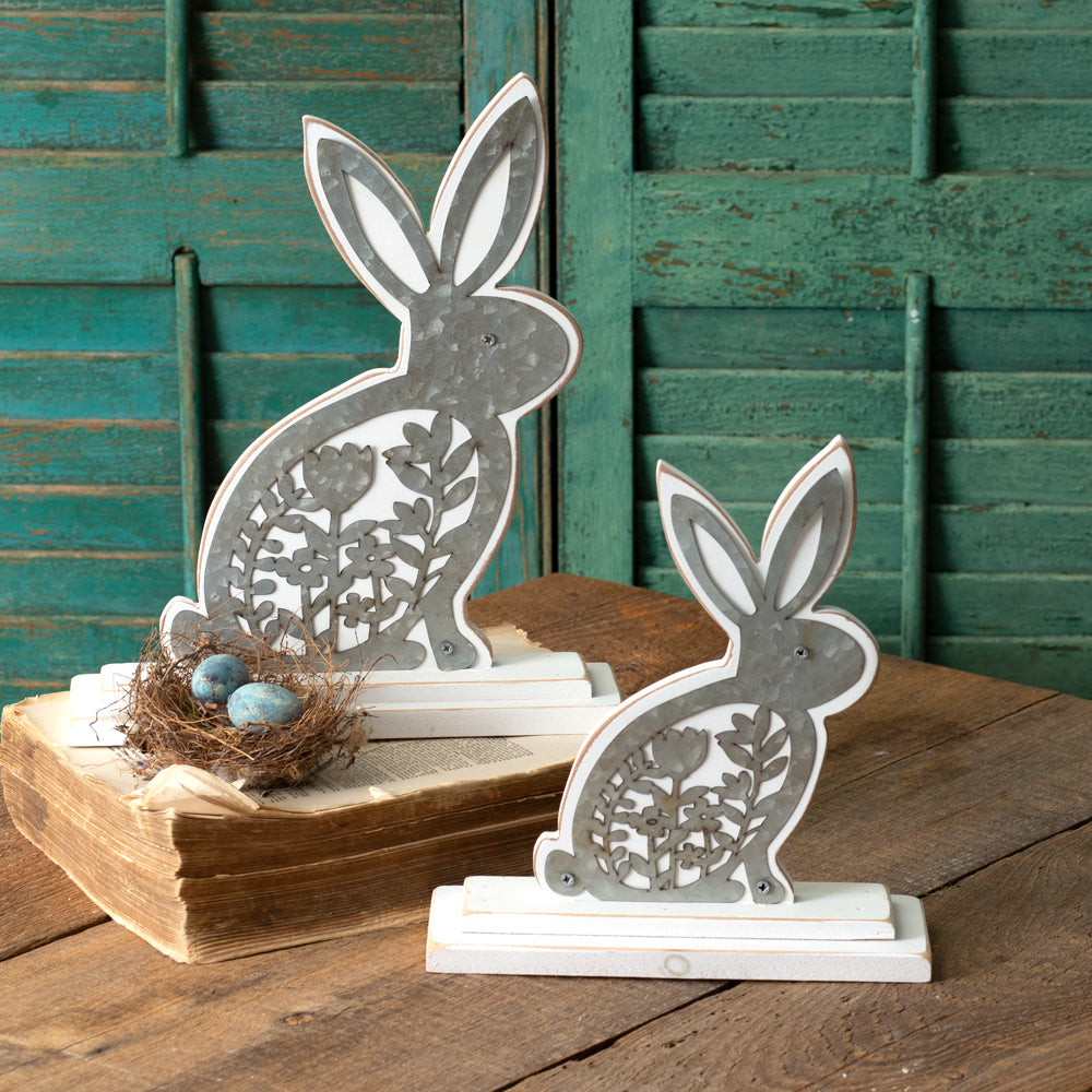 Set of Two Wooden Bunnies with Metal Cutouts - Bombay Mercantile