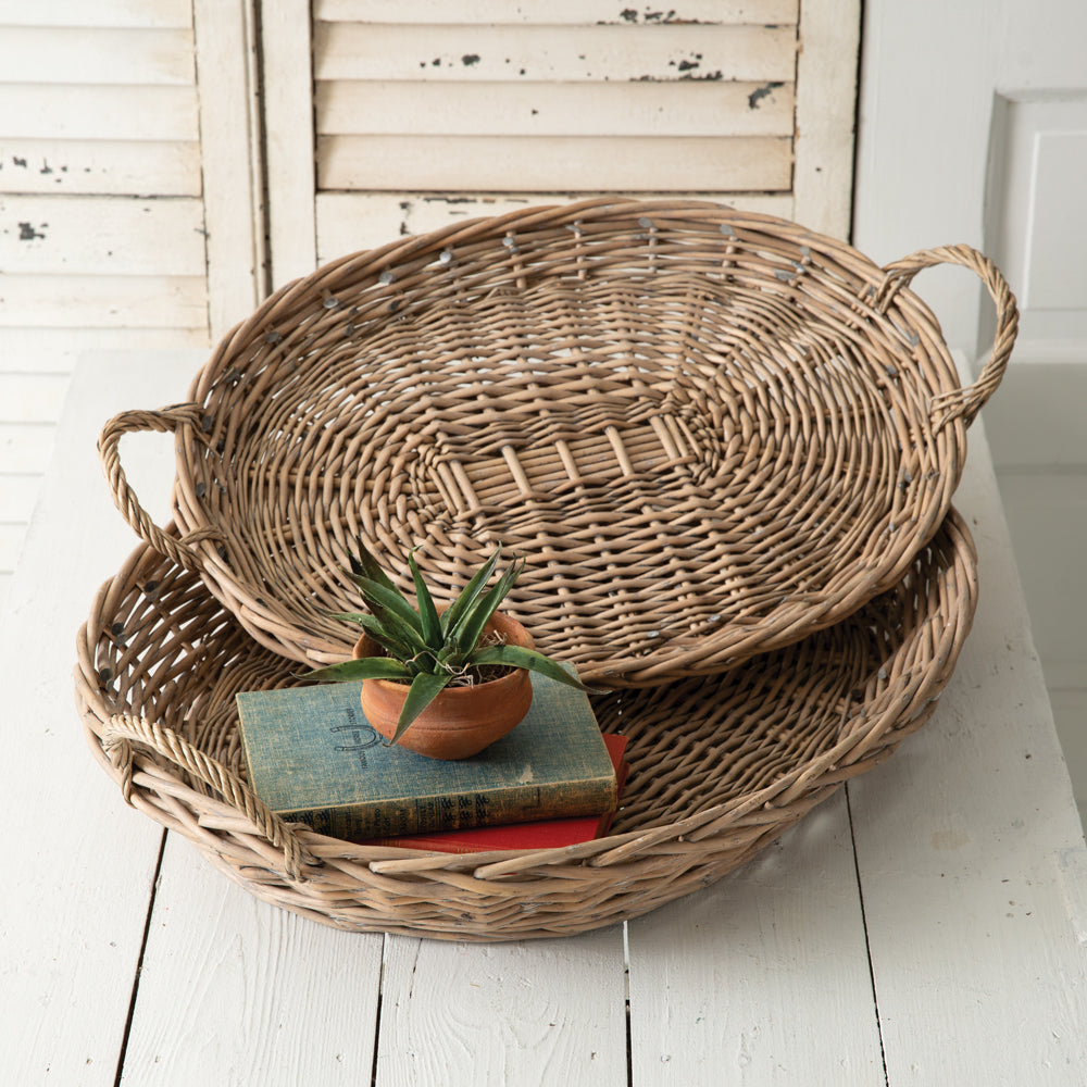 Set of Two Large Oval Wicker Trays - Bombay Mercantile