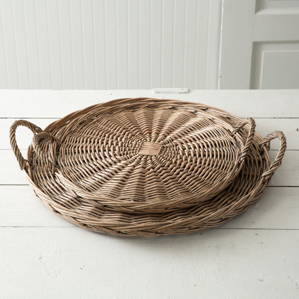 Set of Two Large Round Wicker Trays - Bombay Mercantile