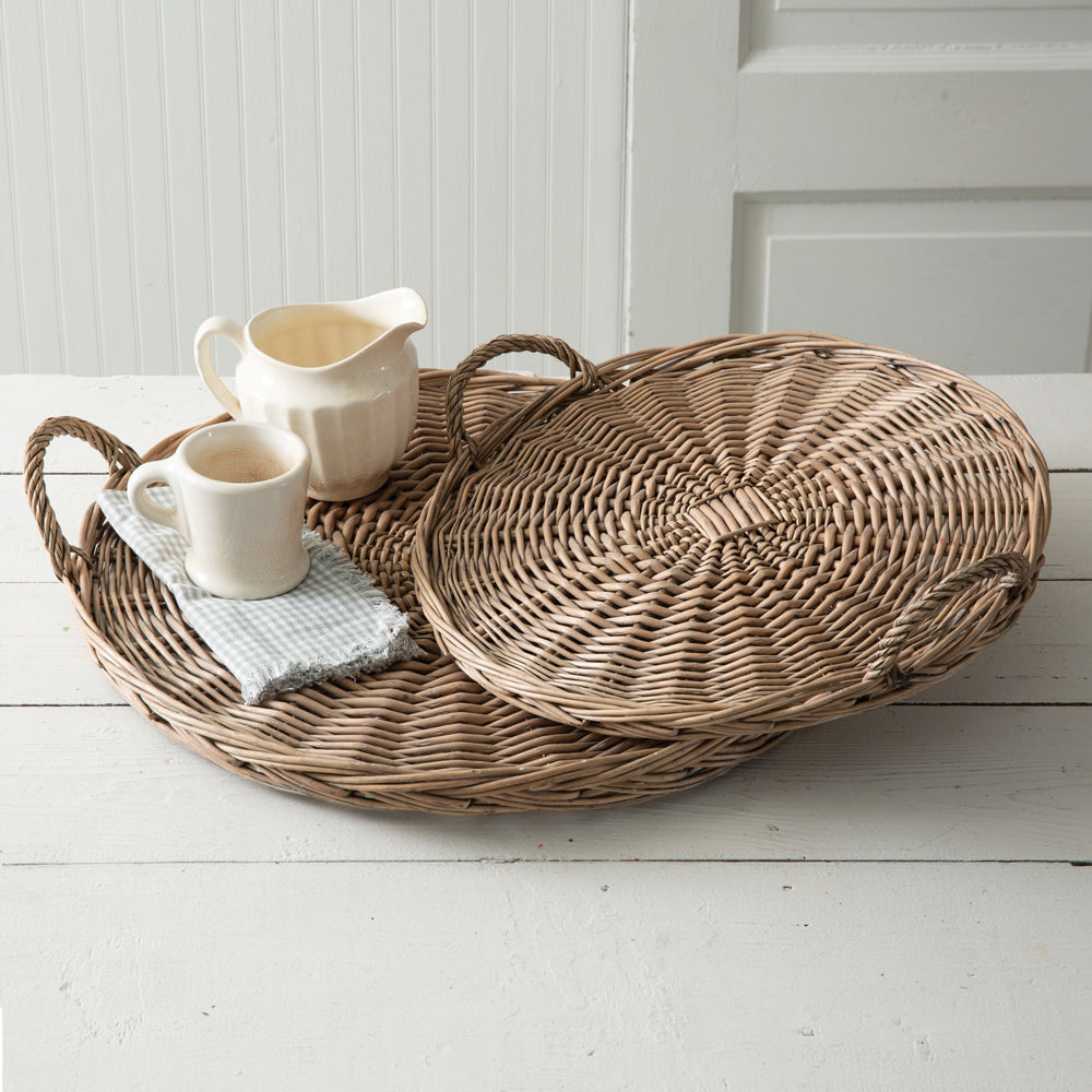 Set of Two Large Round Wicker Trays - Bombay Mercantile
