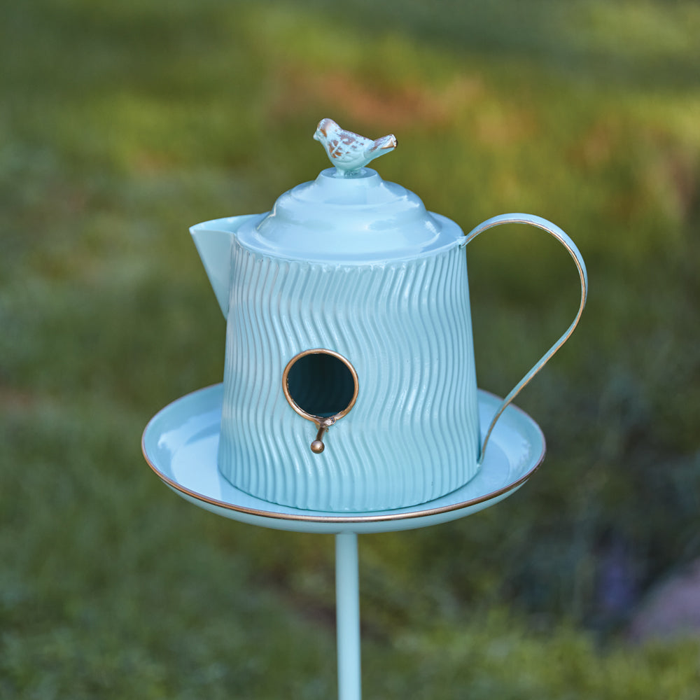 Tea Kettle Birdhouse Garden Stake - Bombay Mercantile