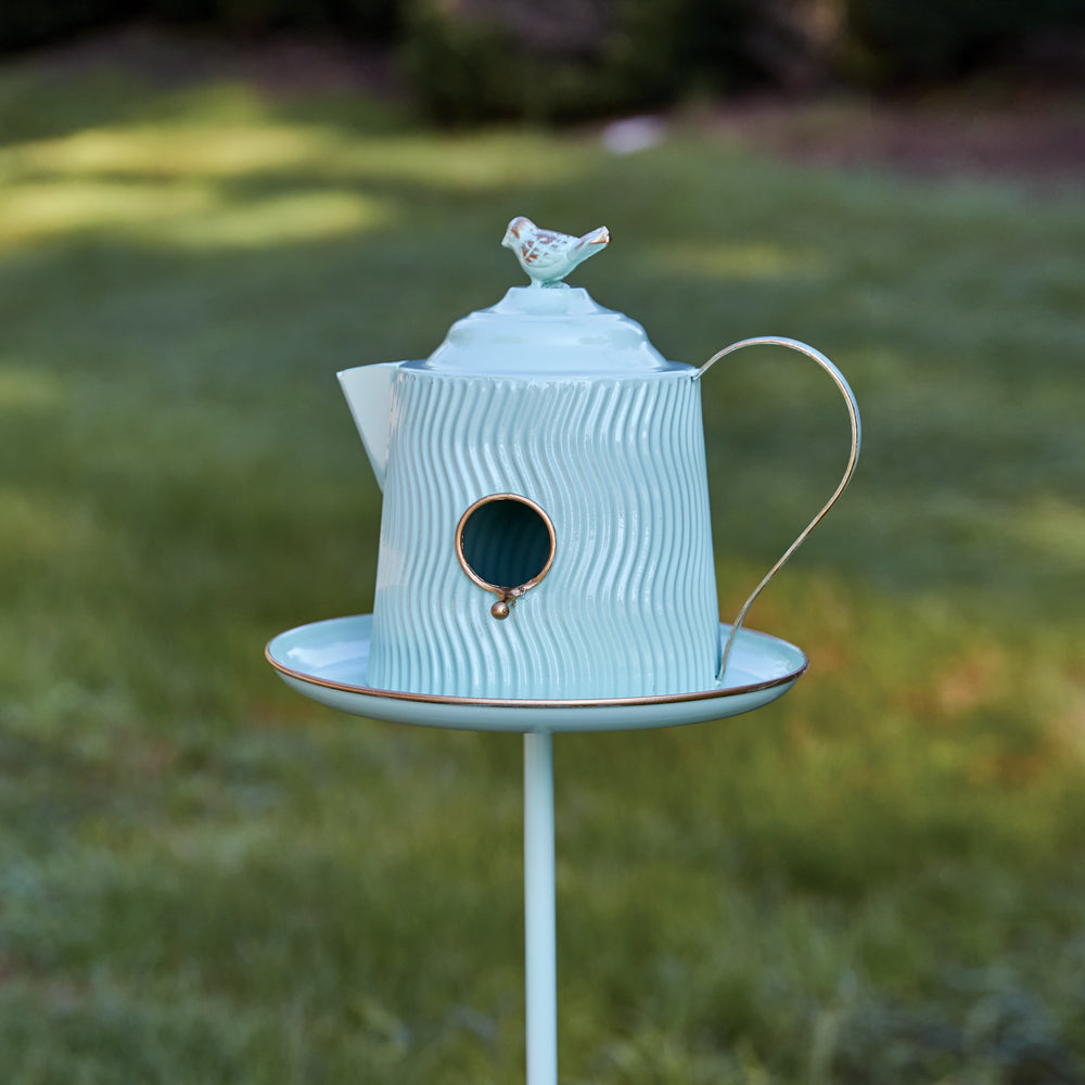 Tea Kettle Birdhouse Garden Stake - Bombay Mercantile