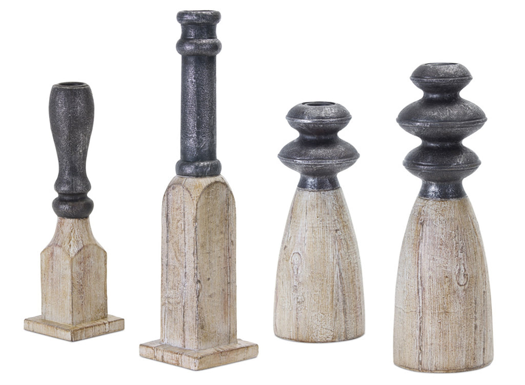 Set of 4, Black Resin and stone candle holder - Bombay Mercantile