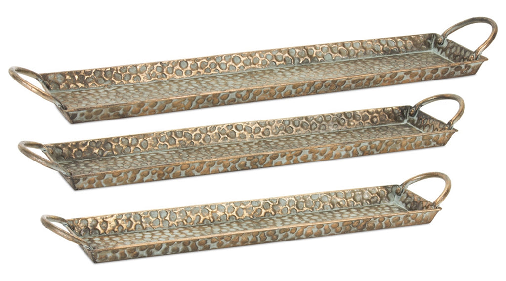 Set of 3, Metal Hammered tray with Handle - Bombay Mercantile