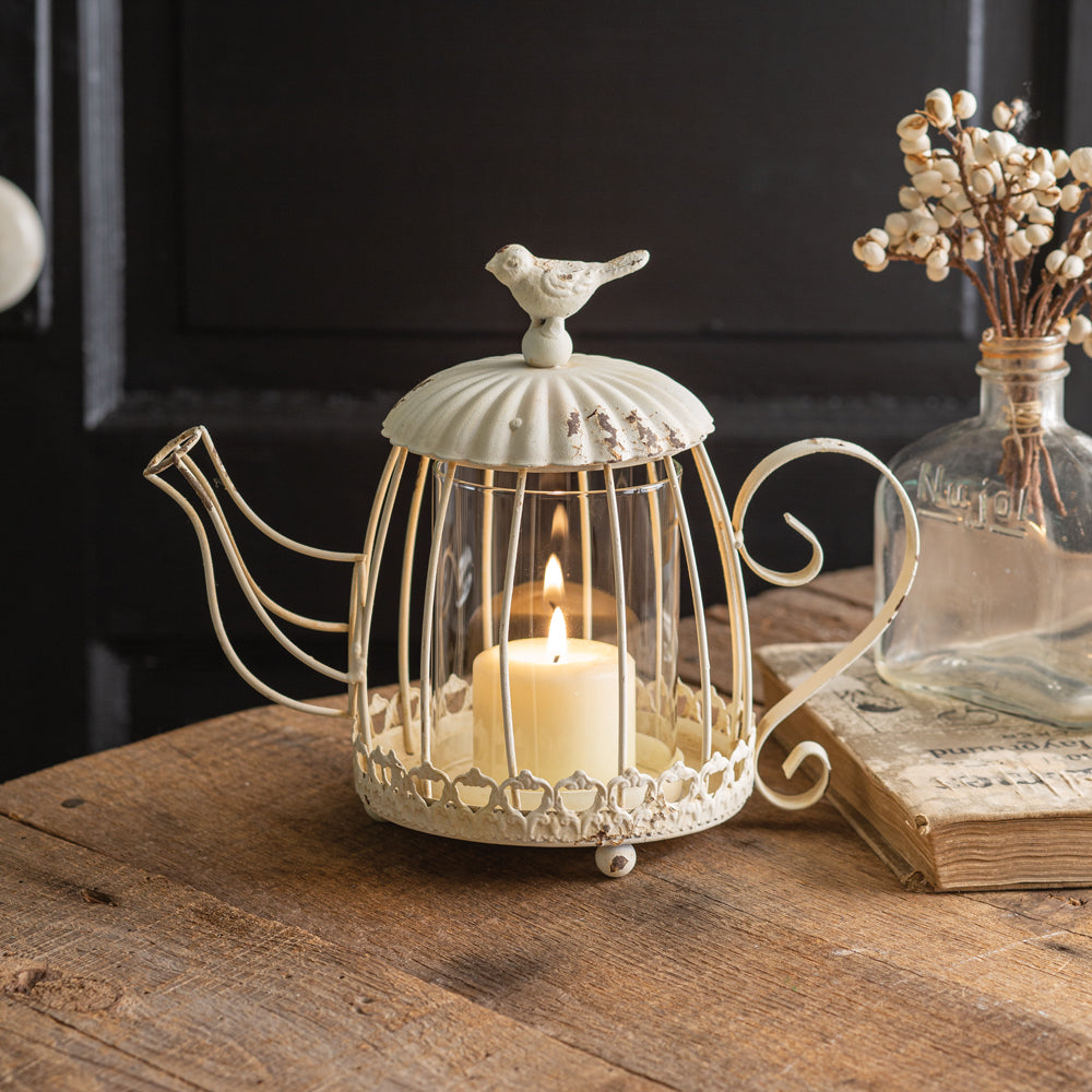 Tea Kettle Candle Holder with Bird - Bombay Mercantile