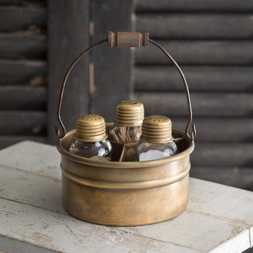 Round Bucket Salt Pepper and Toothpick Caddy - Antique Brass - Bombay Mercantile