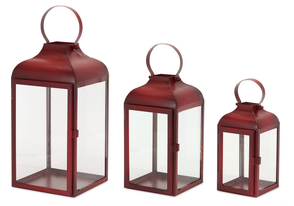 Set of 3, Red Iron Lantern - Bombay Mercantile