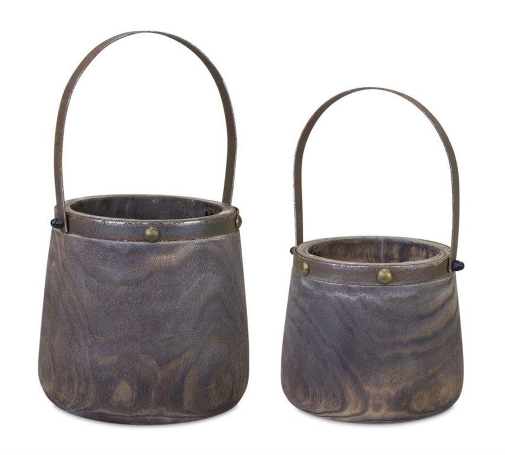 Set of 2 Dark Wooden Pail - Bombay Mercantile