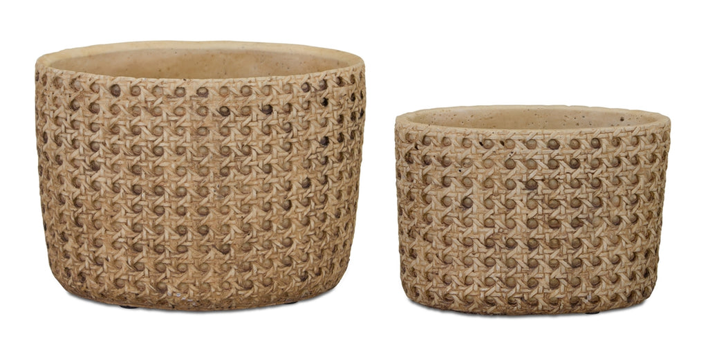 Wide Rattan Texture Cement planter, Set of 2 - Bombay Mercantile