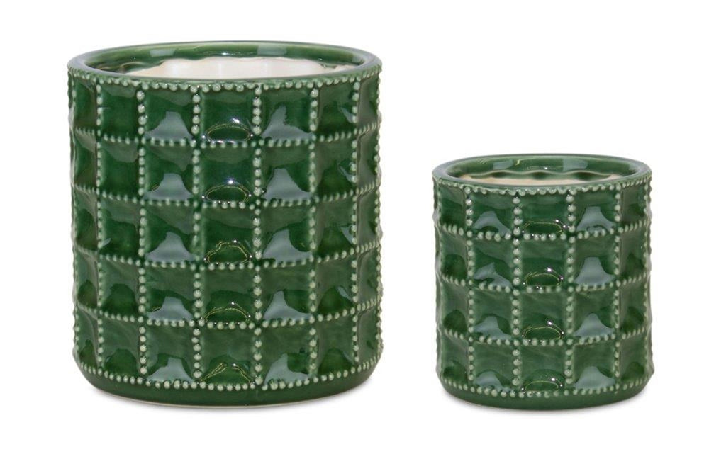 Terra cotta Green checkered Pot, Set of 2 - Bombay Mercantile