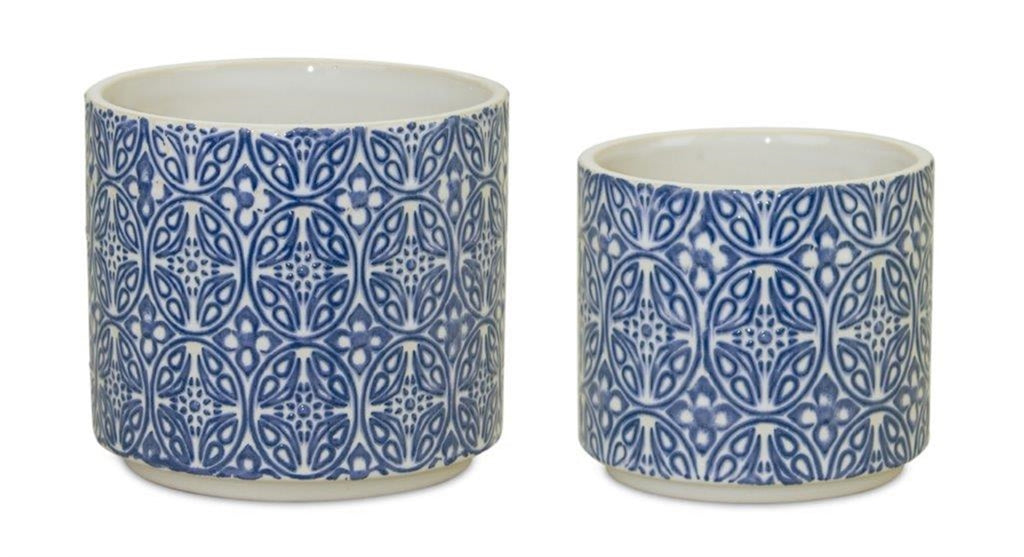 Blue and White Printed Set of 2 Vases - Bombay Mercantile