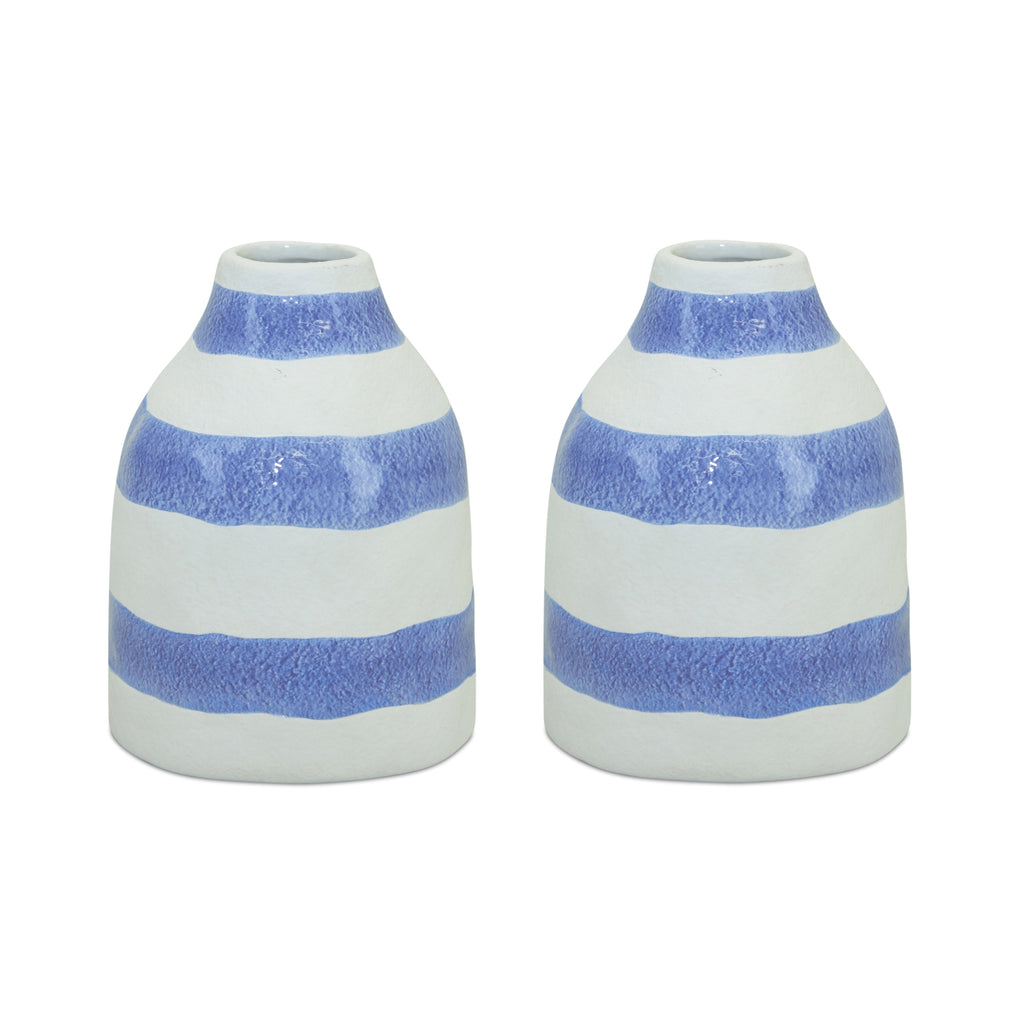 Blue and White Horizontal striped vase, set of 2 - Bombay Mercantile