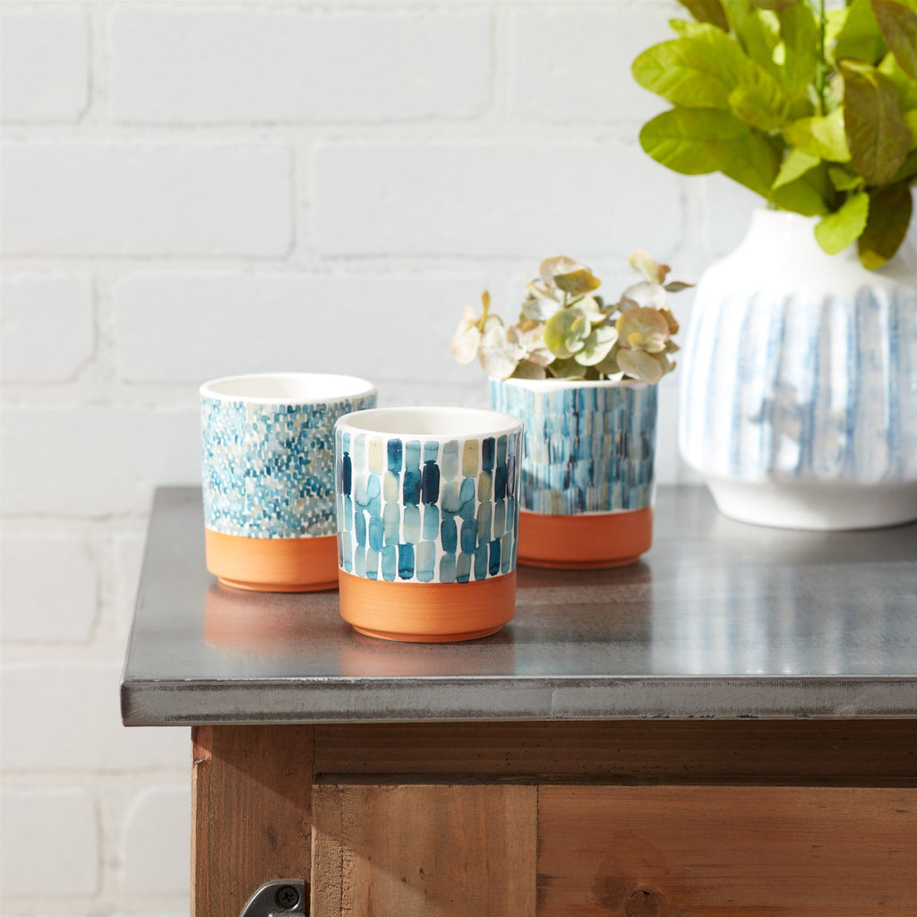 Occur yellow with Blue, set of 3 pots with legs - Bombay Mercantile