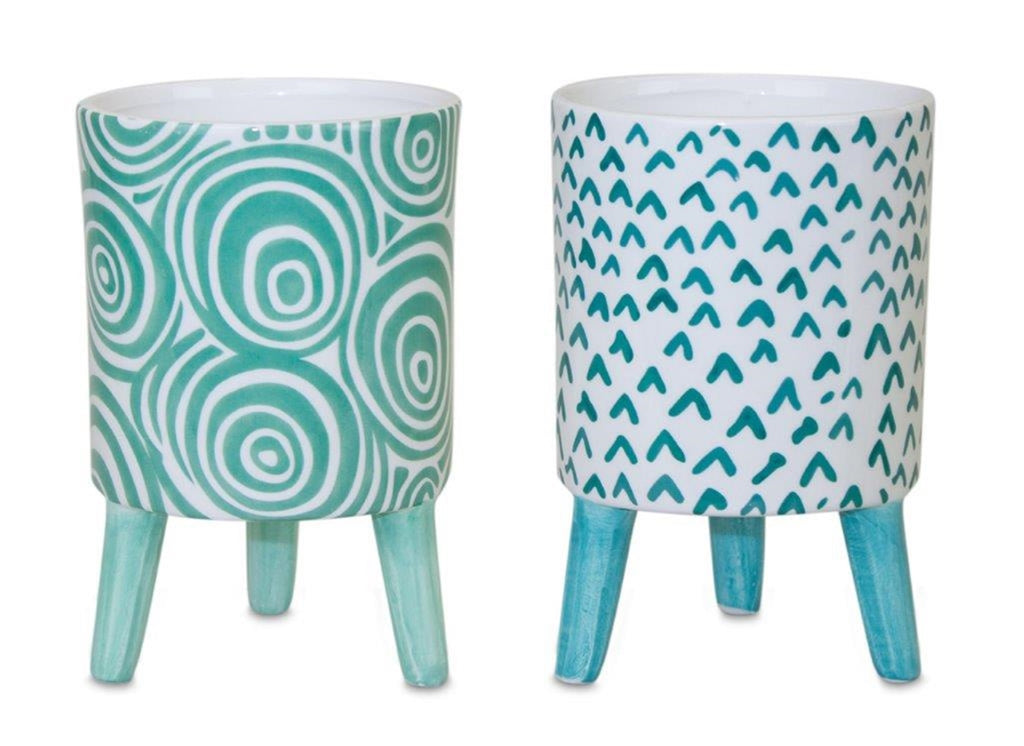 Sea Green and White Pot with legs, Set of 2 - Bombay Mercantile