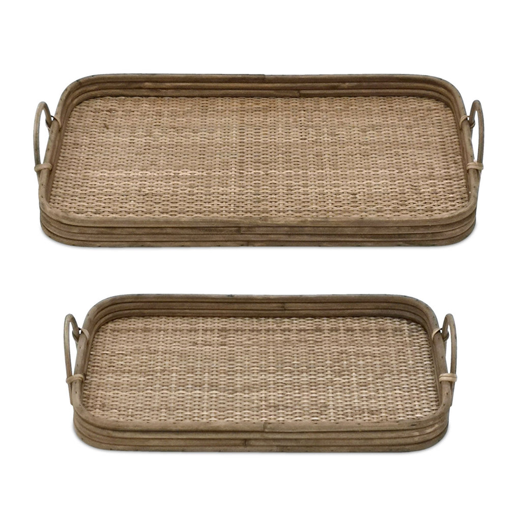 Set of 2 Wooden Tray With Rattan Mat Base - Bombay Mercantile