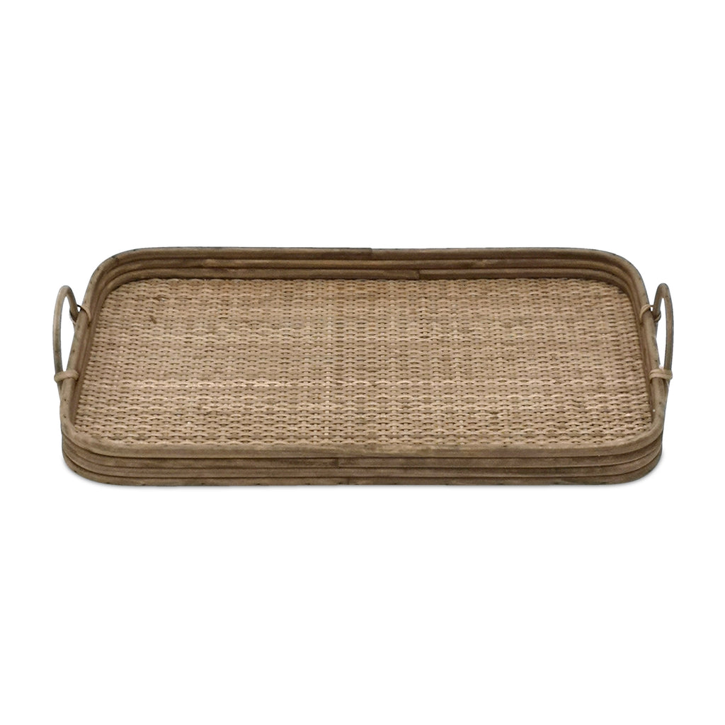 Set of 2 Wooden Tray With Rattan Mat Base - Bombay Mercantile