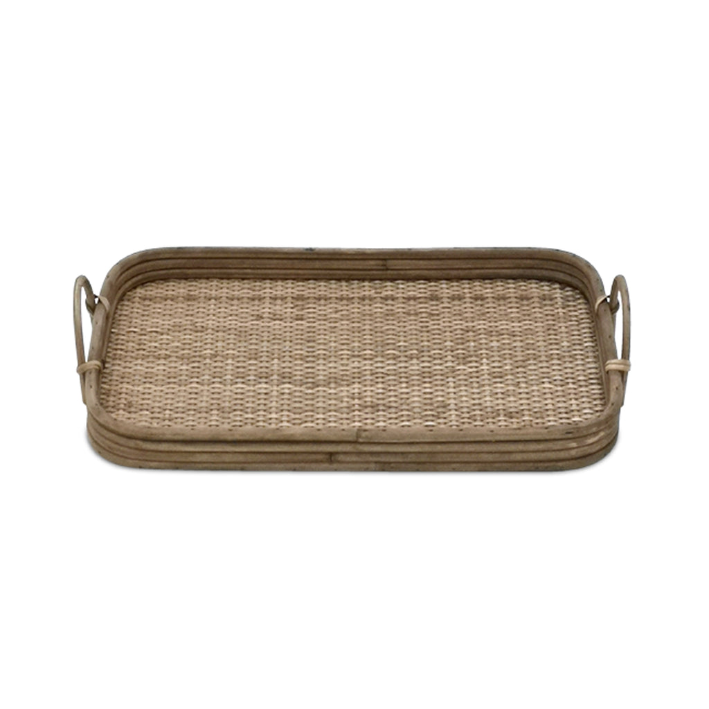 Set of 2 Wooden Tray With Rattan Mat Base - Bombay Mercantile