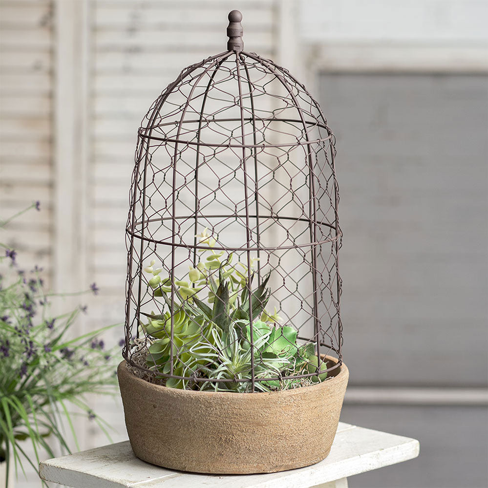 Tall Chicken Wire Cloche with Terra Cotta Pot - Bombay Mercantile