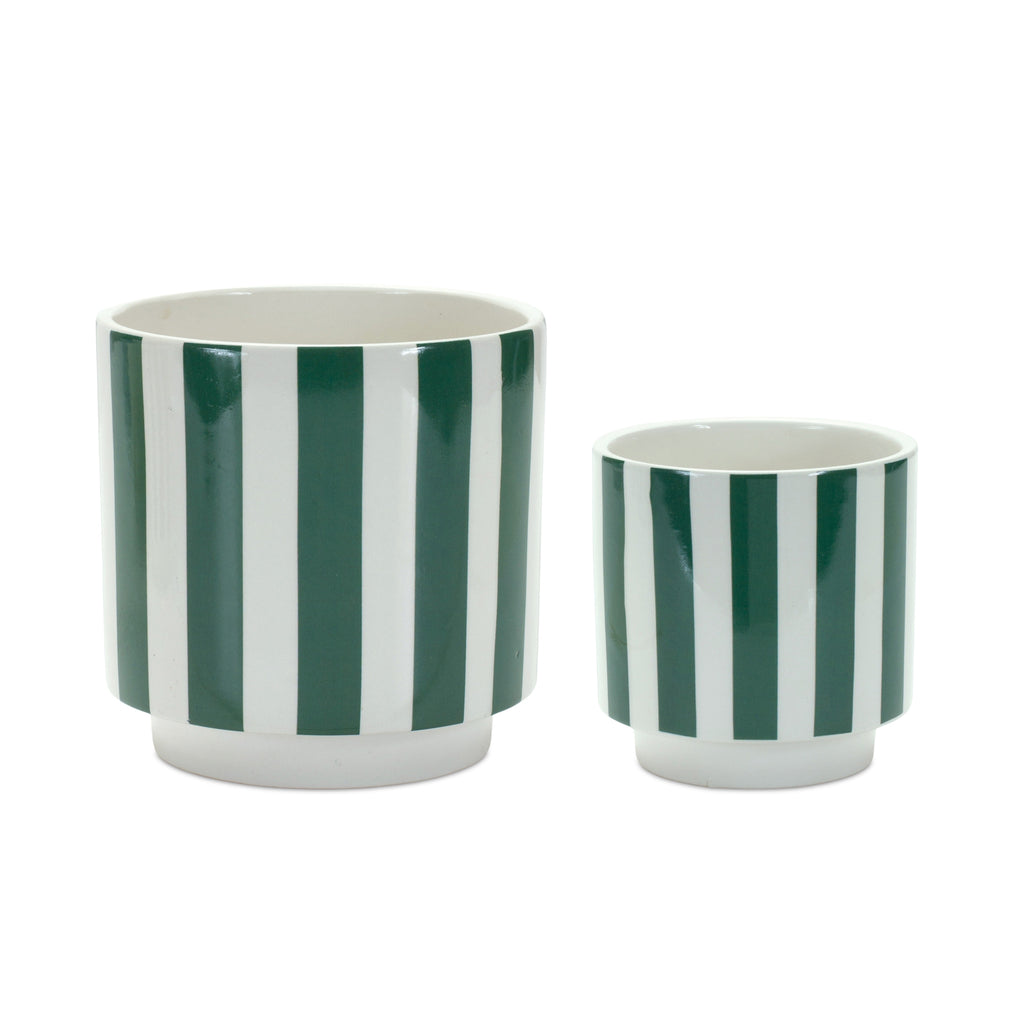 Set of 2 Green & White Stripes Pot - Bombay Mercantile