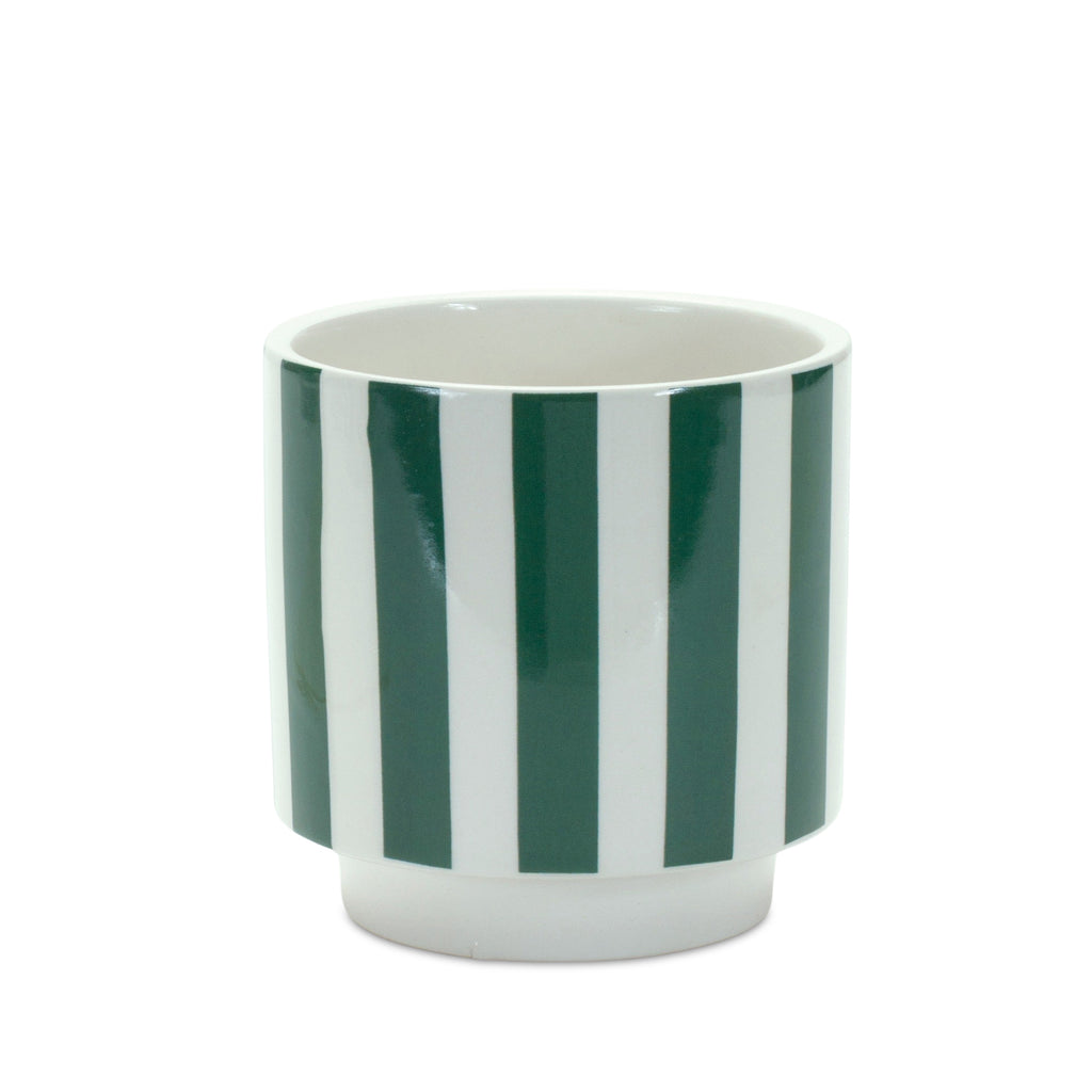 Set of 2 Green & White Stripes Pot - Bombay Mercantile