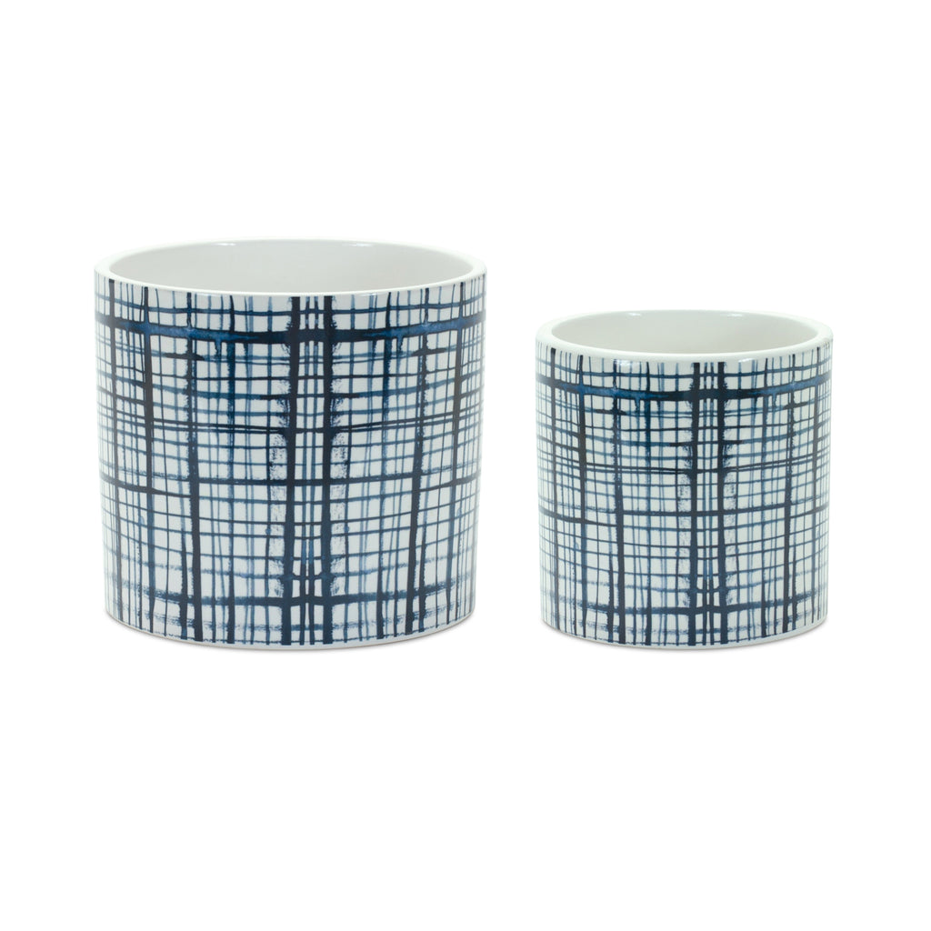 Set of 2 Blue & White Checkered Pot - Bombay Mercantile