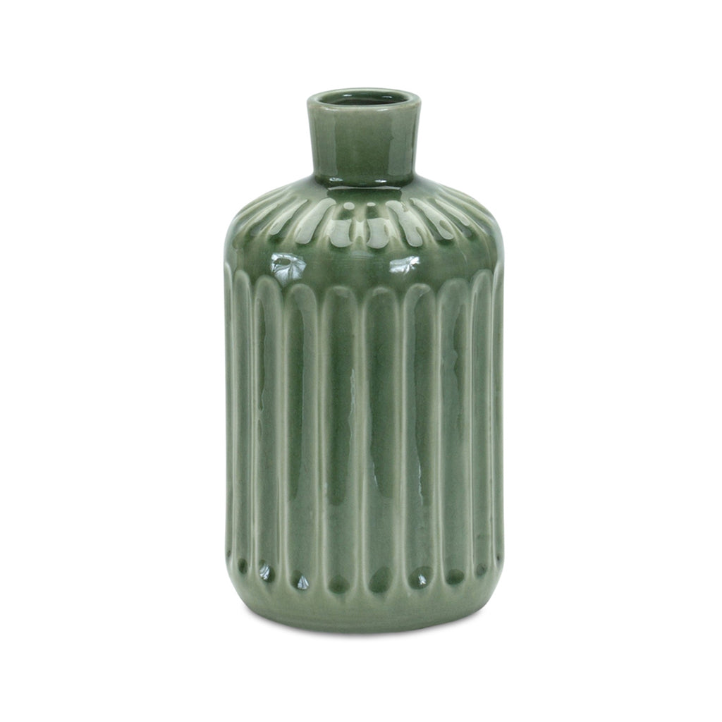 Green Corrugated Terracotta Tall Vase - Bombay Mercantile