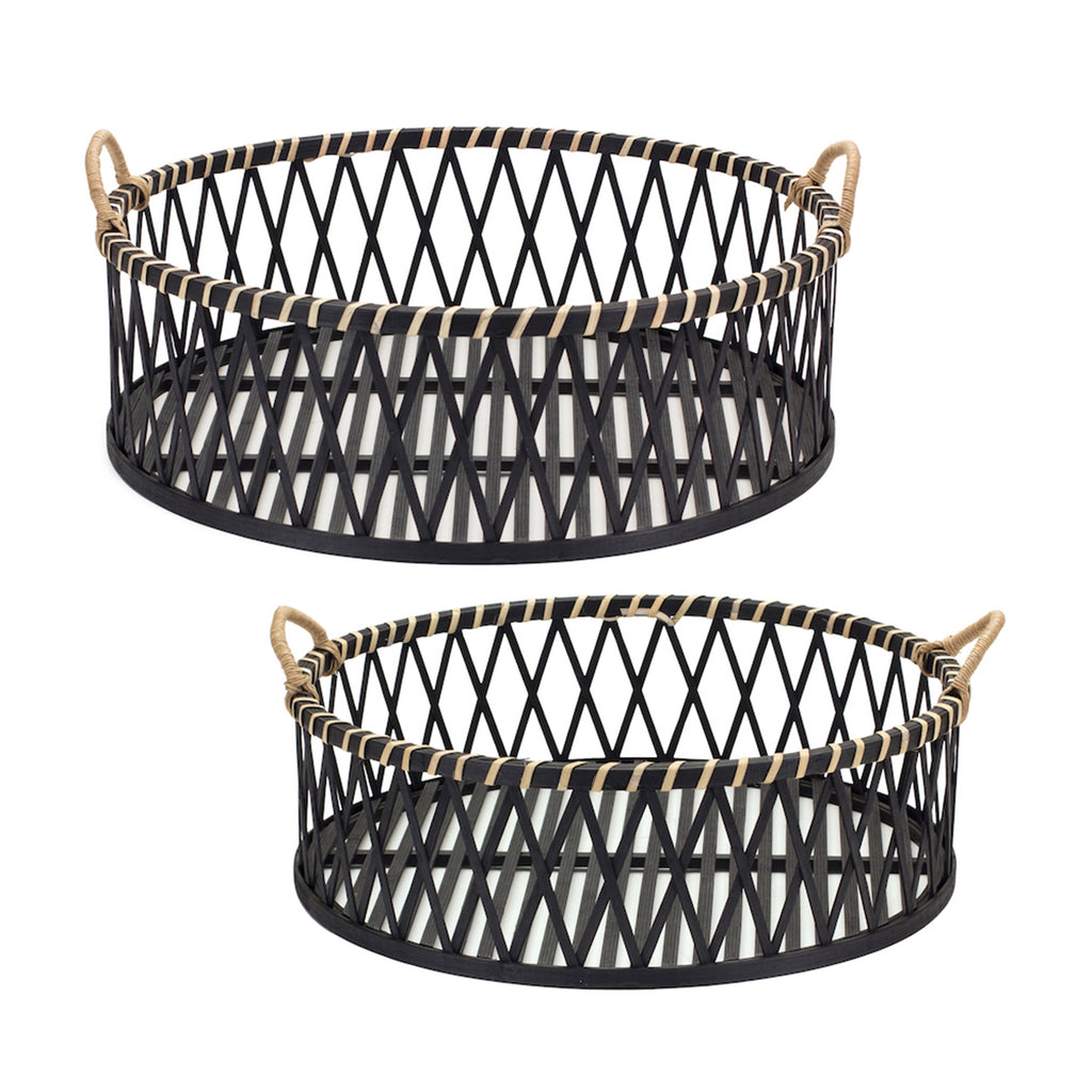 Set of 2 Round Black Bamboo Tray - Bombay Mercantile